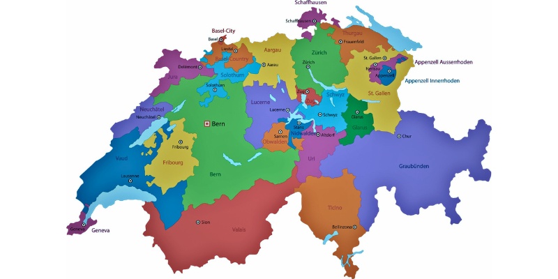 Map of cities and regions in Switzerland